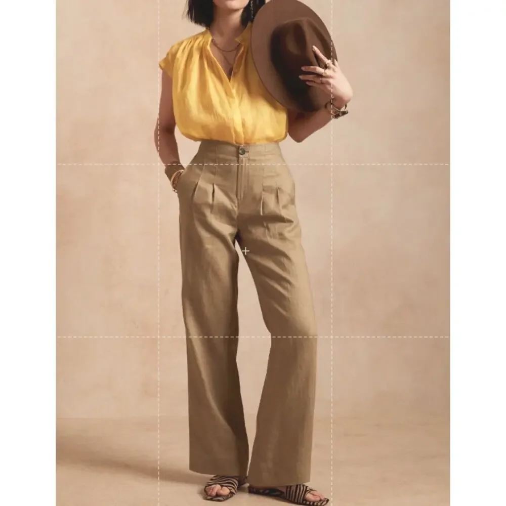 Banana Republic Linen Pant Women 12 Short 12S Latte Tan Wide Leg Pleated Classic